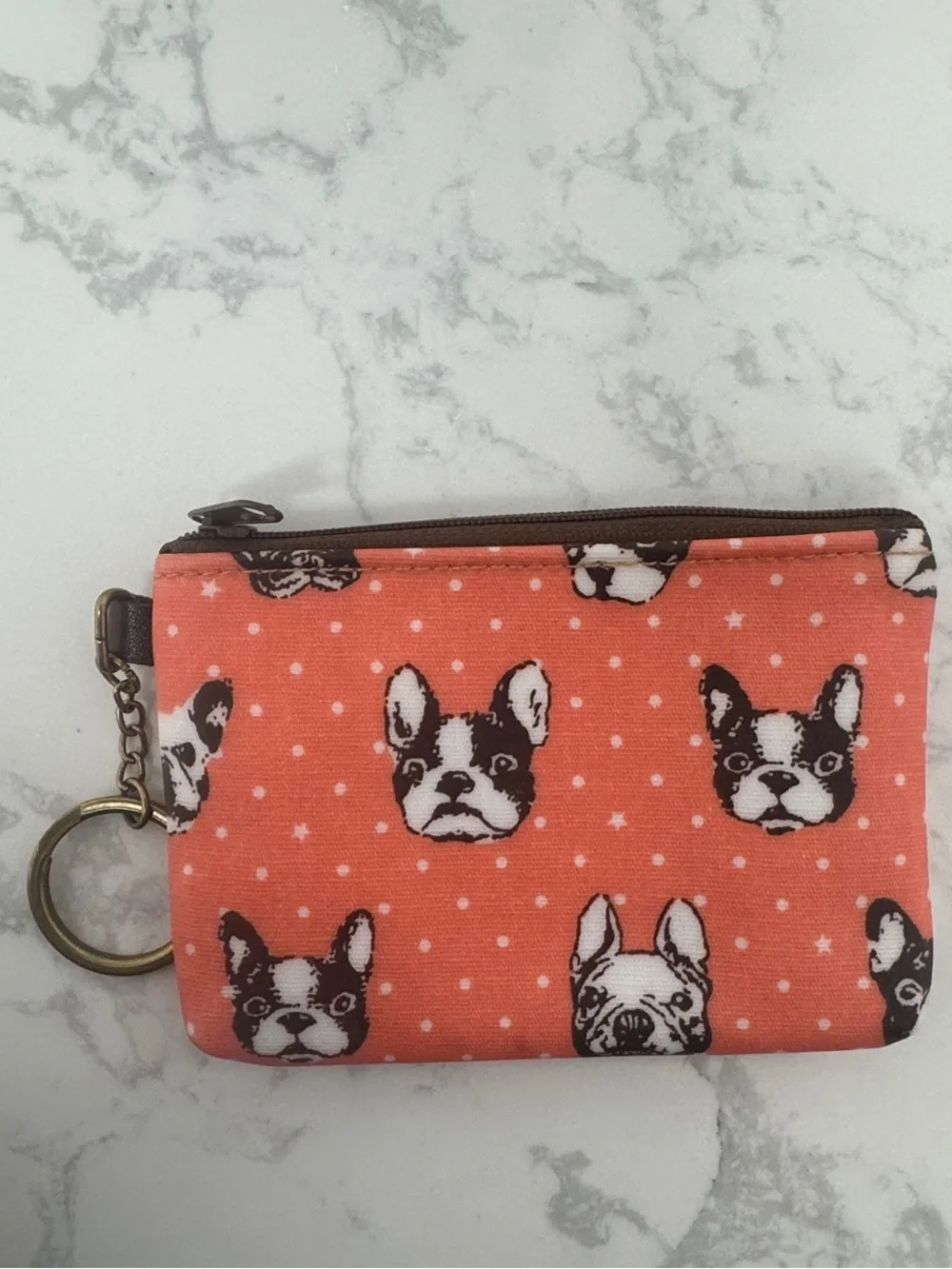 Coral Bulldog Print Zip Coin Pouch with Keyring